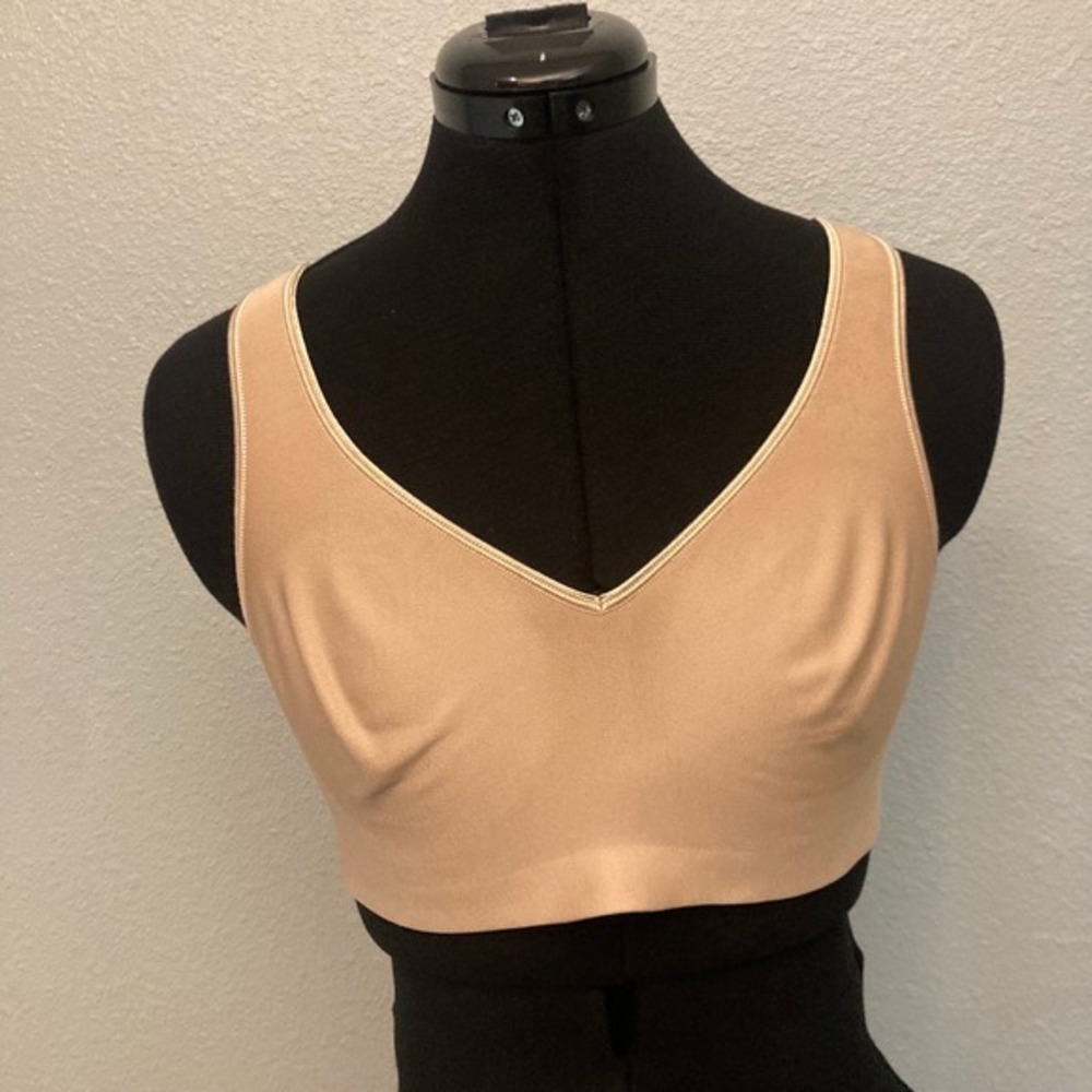 L Tan V-Neck Wireless Minimizer Comfort Bra Hook Eye Back Closure
